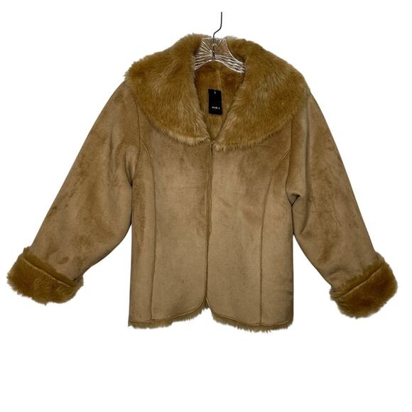 NWT Mixit Retro Faux Suede Fur large shawl collar Jacket coat Camel Brown large - Picture 3 of 15